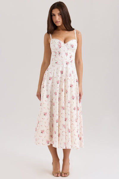 Calista | Cream Rose Print Mesh Maxi Dress