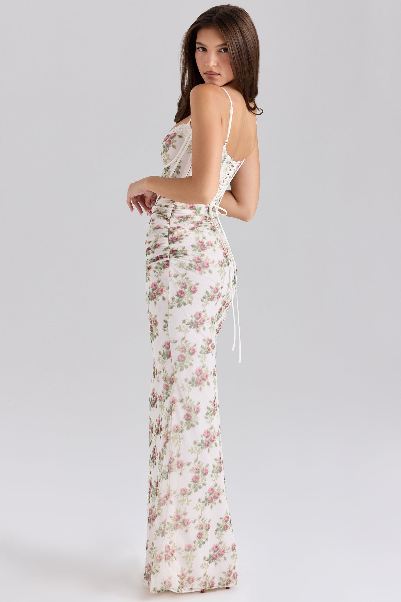 Calista | Cream Rose Print Mesh Maxi Dress