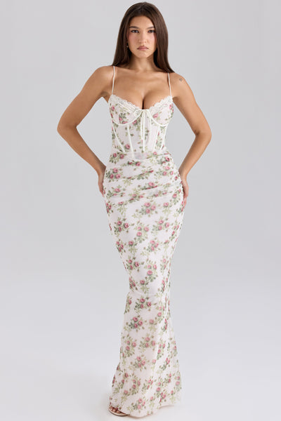 Calista | Cream Rose Print Mesh Maxi Dress