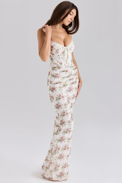 Calista | Cream Rose Print Mesh Maxi Dress